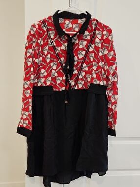 NWOT 100% Silk Women’s Red & Black Printed Long-Sleeve Dress